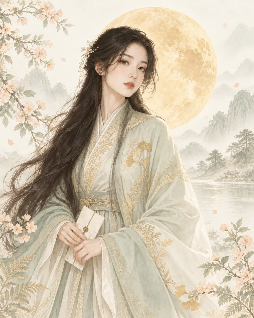 柔和晨光里，身穿浅色衣裙的成年女性手持信笺；原创插画
